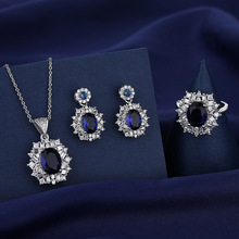 欧美新款三件套彩宝雪花蓝色宝石跨境热卖豪镶满钻项链戒指耳钉女