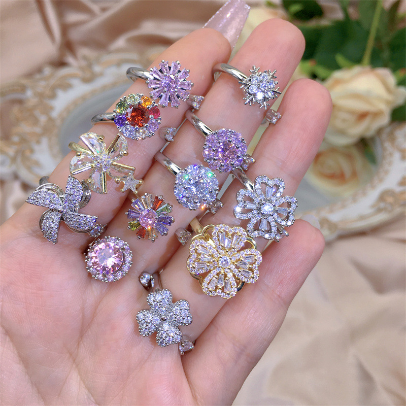 Rotating Moving Ring Flower Zircon Super Flash Ring Opening Color Retention Niche Design Fashion Hand Accessories Female Fashion