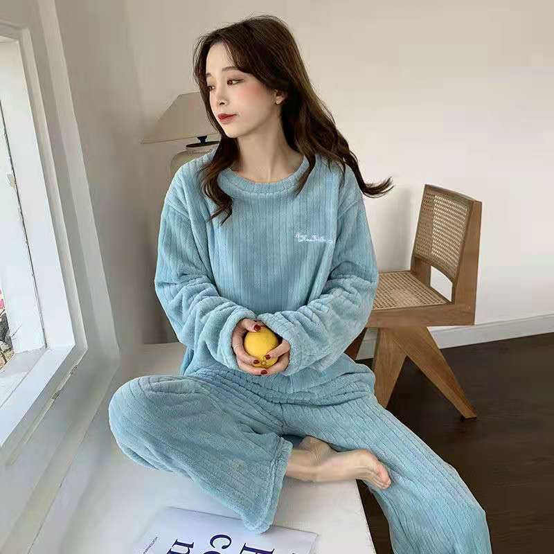 Warm Suit Women's Autumn and Winter Coral Velvet Pajamas Solid Color with Fur Home Wear Two-Piece Set New Fashion Striped Casual