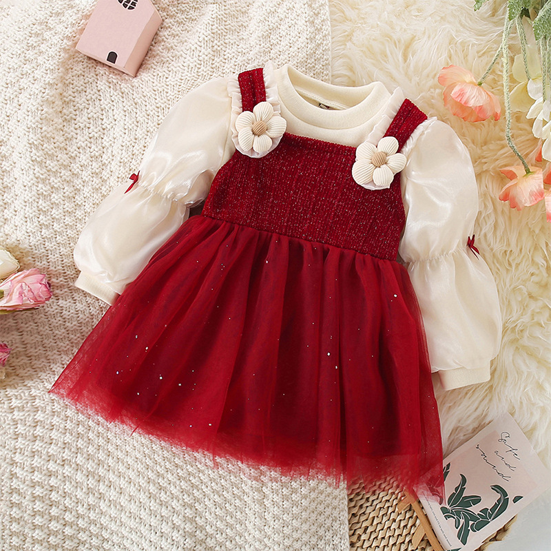 女童红色连衣裙纱裙女宝周岁宝宝礼服长袖春秋装公主裙套装-阿里巴巴