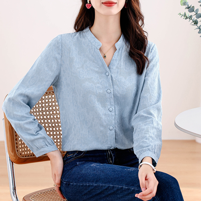 棉布提花v领女衬衫2024春秋季新款休闲简约质感薄款女百搭衬衣潮