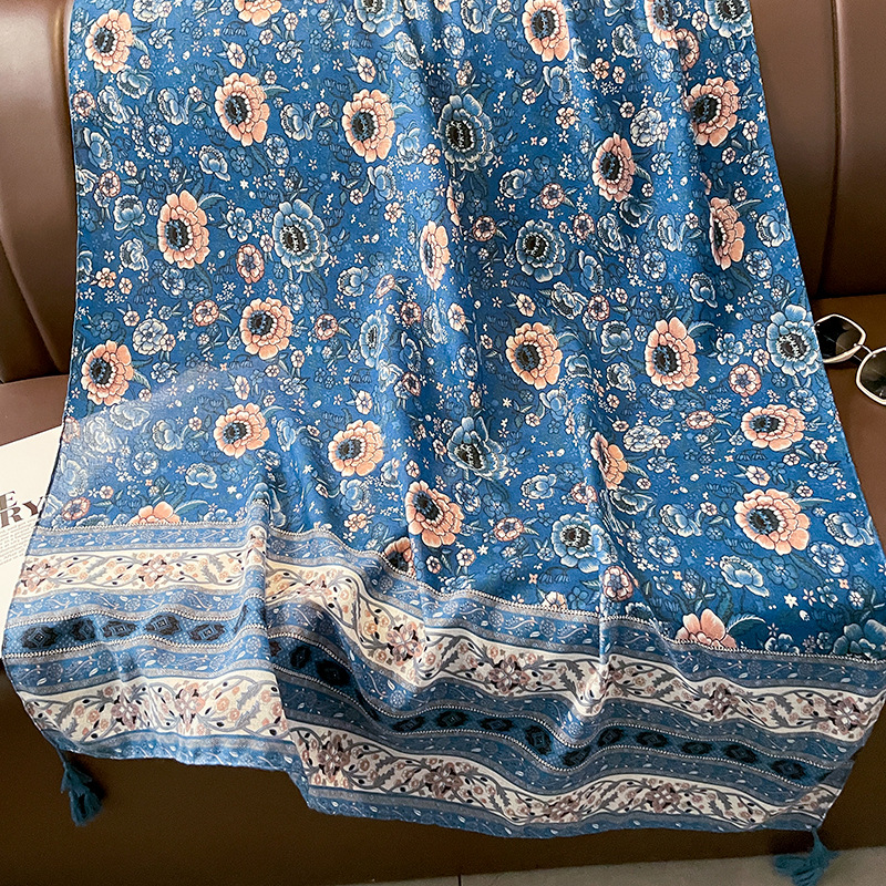 Ethnic Style Spring and Autumn New Blue Color Cotton and Linen Feel Thin Scarf Flower Stitching Floral Retro Easy Matching Shawl