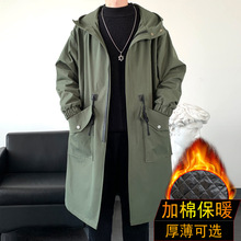 2021秋冬新款男士中长款派克服连帽时尚加棉纯色棉服大衣男士外套