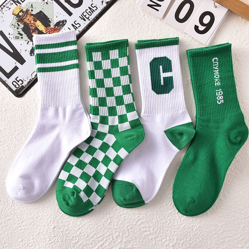 Korean Style Student Popular Spring and Autumn Ins Blue Letter C Tube Socks Chessboard Grid Long Socks Sports Green Free Shipping Socks