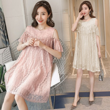 新款韩版孕妇夏装纯色圆领大码蕾丝连衣裙上衣女中长款夏季短袖