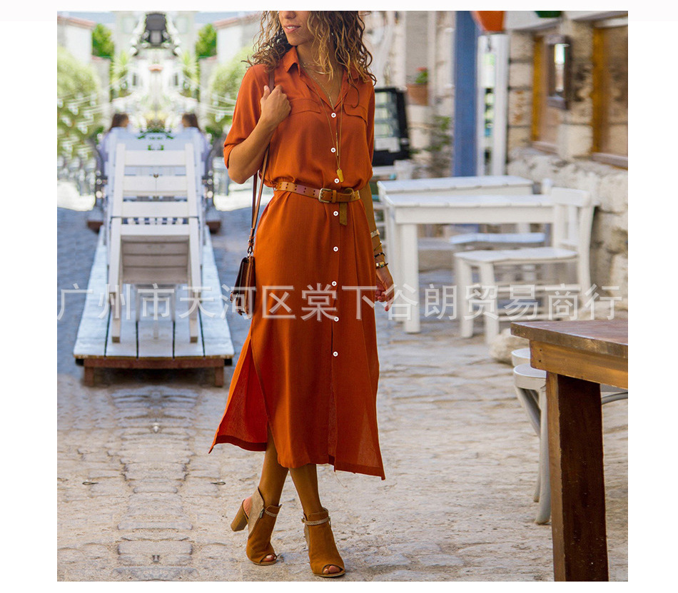 2022 Spring and Autumn Best-Selling EBay AliExpress New Long Sleeve Split Long Dress with Original Belt 6 Colors in Stock