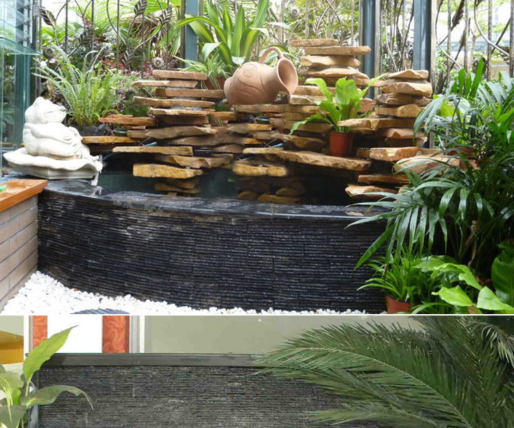 天然黑色流水石文化石酒店背景墙别墅水幕墙庭院水池波浪纹外墙砖