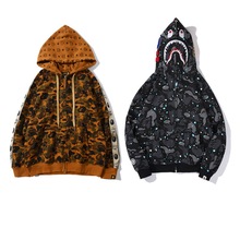 bape卫衣男双帽加绒夜光迷彩秋季休闲青少年学生潮牌鲨鱼连帽外套