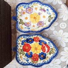 创意釉下彩陶瓷叶子碗 外贸原单8寸异形碗 可爱手绘花边沙拉碗