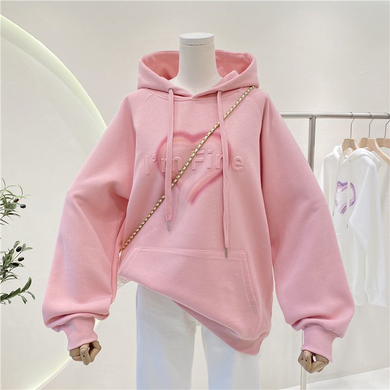 Sweater Women's Spring and Autumn Thin 2023 New Peach Heart Three-Dimensional Letter Loose plus Size Korean Style Fashion Hooded Coat Fashion