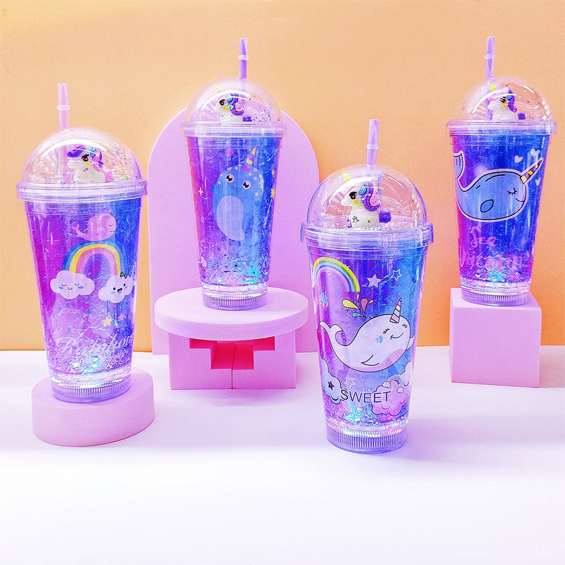 Cross-Border Factory Direct Supply Double Plastic Straw Cup Fashion Creative Unicorn Whale Ice Cup