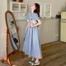 蓝色新中式国风盘扣连衣裙女2024夏季新款高级感收腰显瘦气质长裙