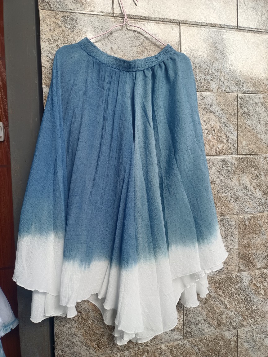 手工蓝染半身裙民族风蓝色半身裙白族扎染荷叶边植物手工染色