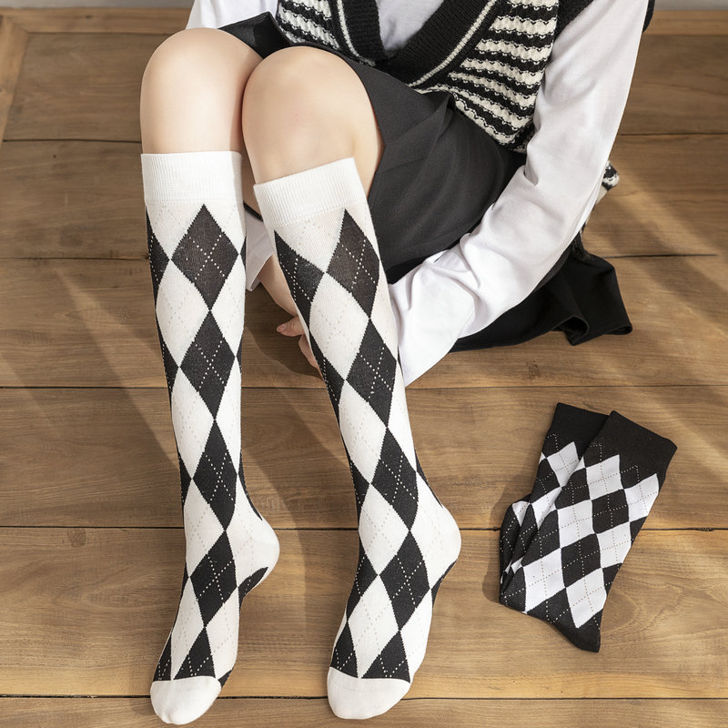 秋冬季女中筒袜jk制服小腿袜 黑白格子及膝长筒袜小腿袜子