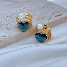 夏季时尚轻奢通勤可爱甜美风蓝色心形水钻镶嵌金属螃蟹戒指