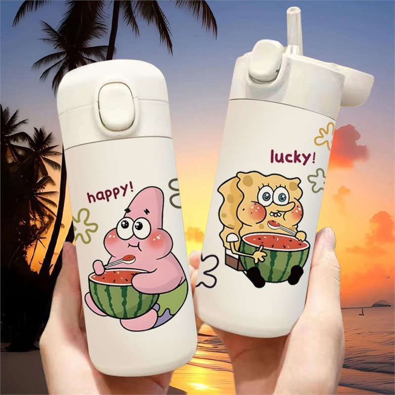 西瓜派大星带吸管保温杯女生高颜值可爱学生随行大容量不锈钢水壶