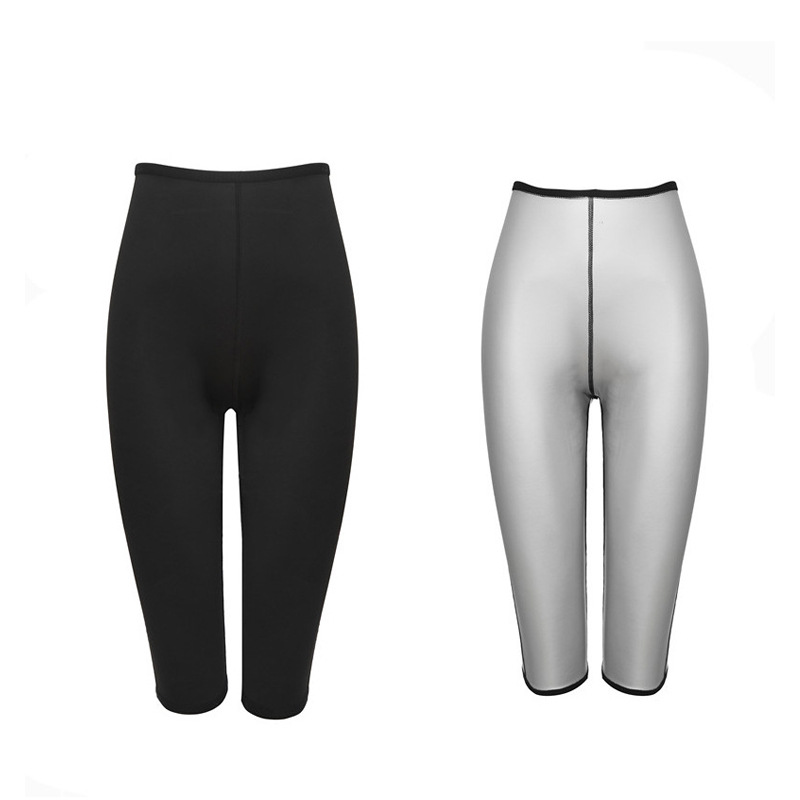 Cross-Border Fully Coated PU Leather High Waist Breasted Five-Point Violently Sweat Yoga Pants Belly Contracting Hip Lifting Sport Cropped Pants Violently Sweat Clothes