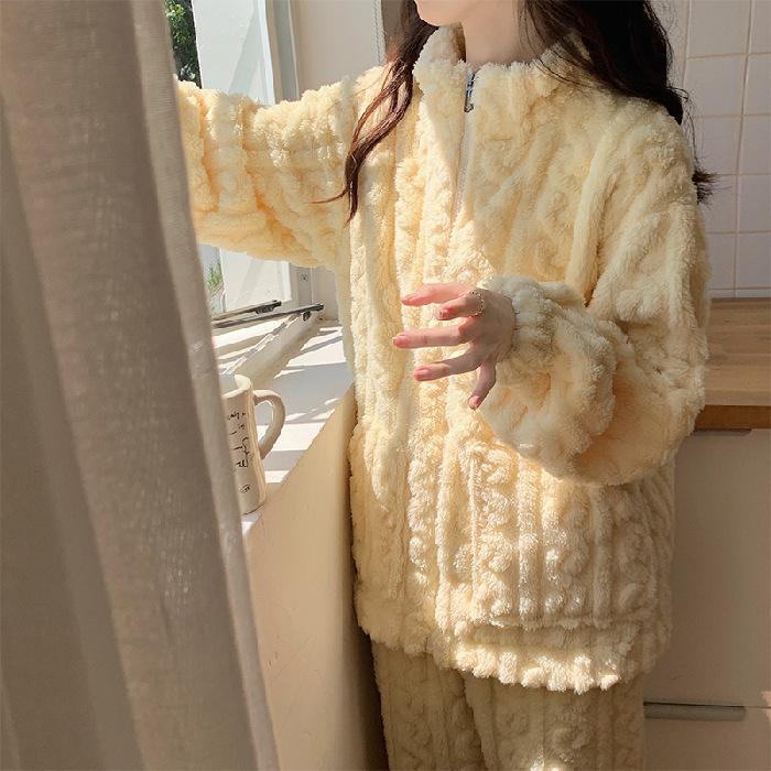 2023 Pajamas for Women Autumn and Winter Thickened plus Velvet Thermal Coral Fleece Cute Zipper Can Be Worn outside New Two-Piece Suit Women