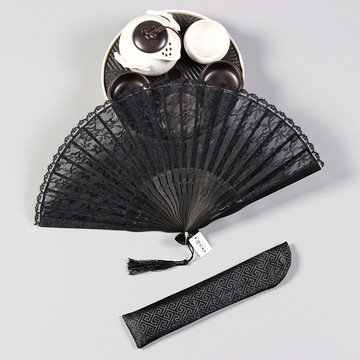 phz0批发古风折扇夏季风女士旗袍蕾丝小扇子随身便携折叠扇黑色舞