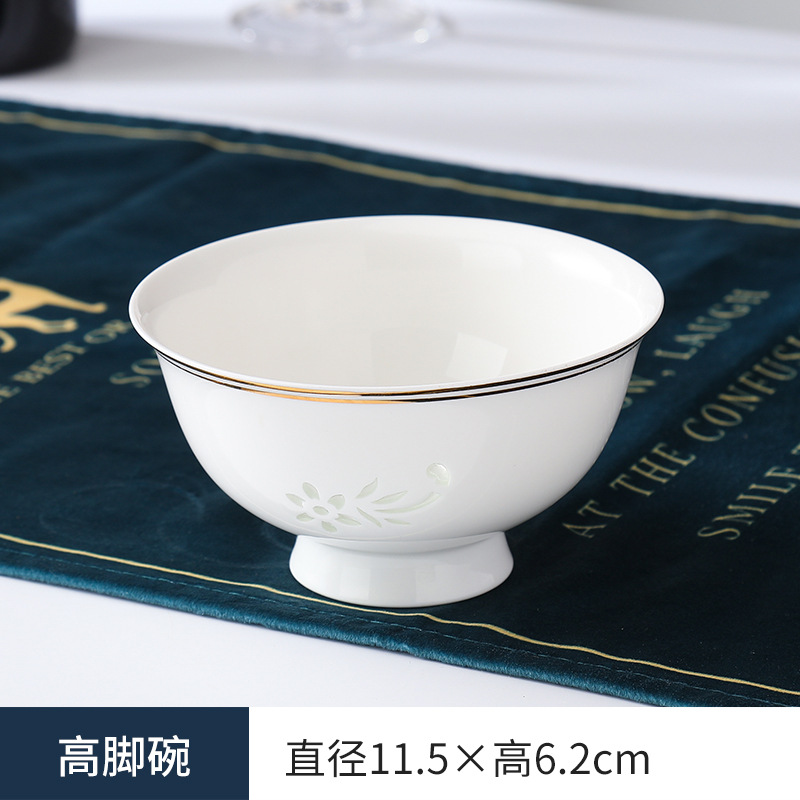 Linglong Bowl Household Chinese Anti-Scald Tall Bowl Light Luxury Ceramic Tableware Bowl and Plates Set for Eating Vegetable Soup Bowls and Chopsticks Commercial Use