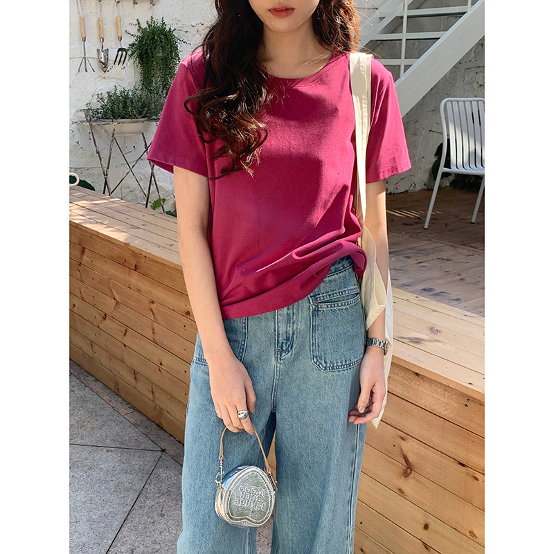 [18 Colors Optional] Loose Slimming Solid Color round Neck T-shirt Women's 2024 Spring New Short Sleeve Top Dn218