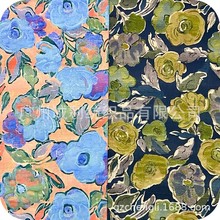 欧美绘画风格线条花系列连衣裙布料  抽象山茶花素材衬衫印花面料