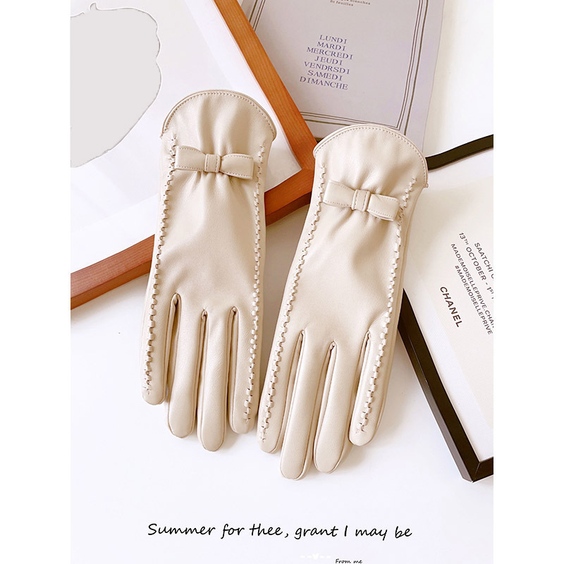 Winter Fleece-Lined Women's Riding Bow Gloves Thickened Warm-Keeping and Cold-Proof Finger Gloves Touch Screen PU Leather Gloves