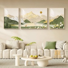 日照金山客厅装饰画北欧原木山水画寓意好肌理沙发背景三联壁画