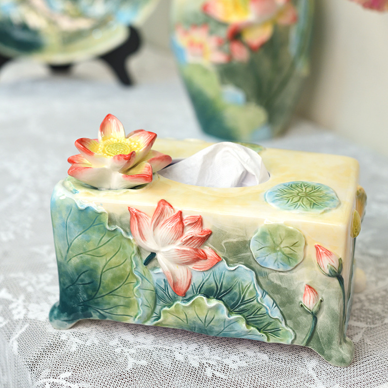 New Chinese Style Living Room Home Multi-Functional Lotus Napkin Box Coffee Table Top Paper Extraction Box Ceramic New Home Gift