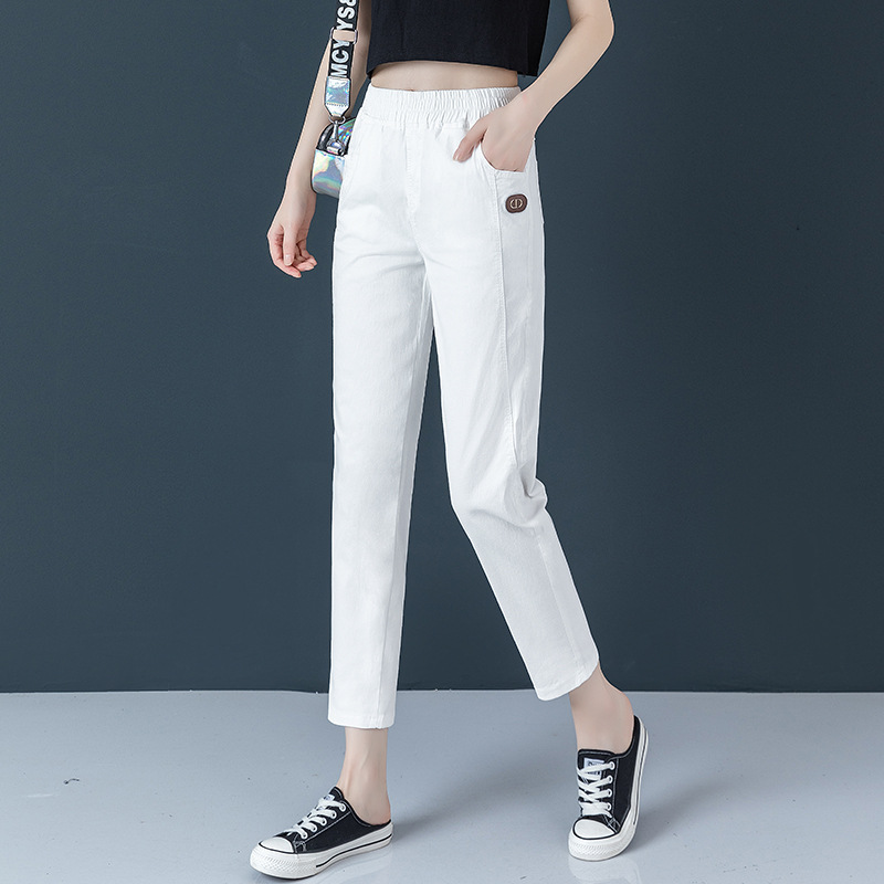 2022薄款牛仔裤女弹力哈伦显瘦高腰松紧宽松牛仔裤女白色九分裤