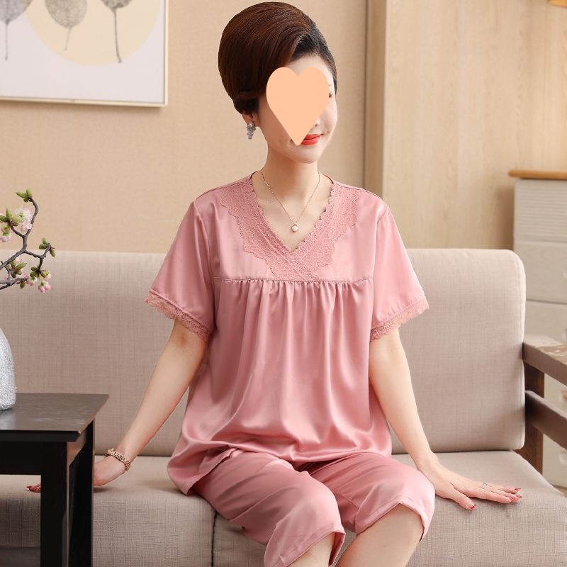 中老年睡衣女夏季冰丝薄款短袖妈妈丝绸家居服大码夏天仿真丝套装