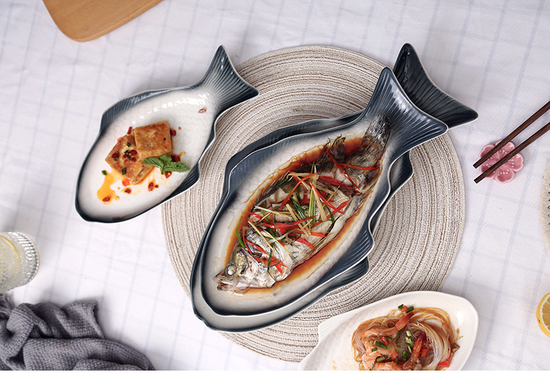 北欧个性鱼盘创意餐盘家用菜盘子装鱼盘子陶瓷餐具蒸鱼盘