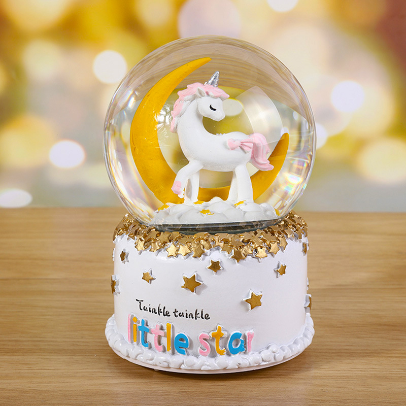 Unicorn Crystal Ball with Light Music Box Floating Snowflake Resin Crafts Table Decorative Ornaments Gift New Wholesale