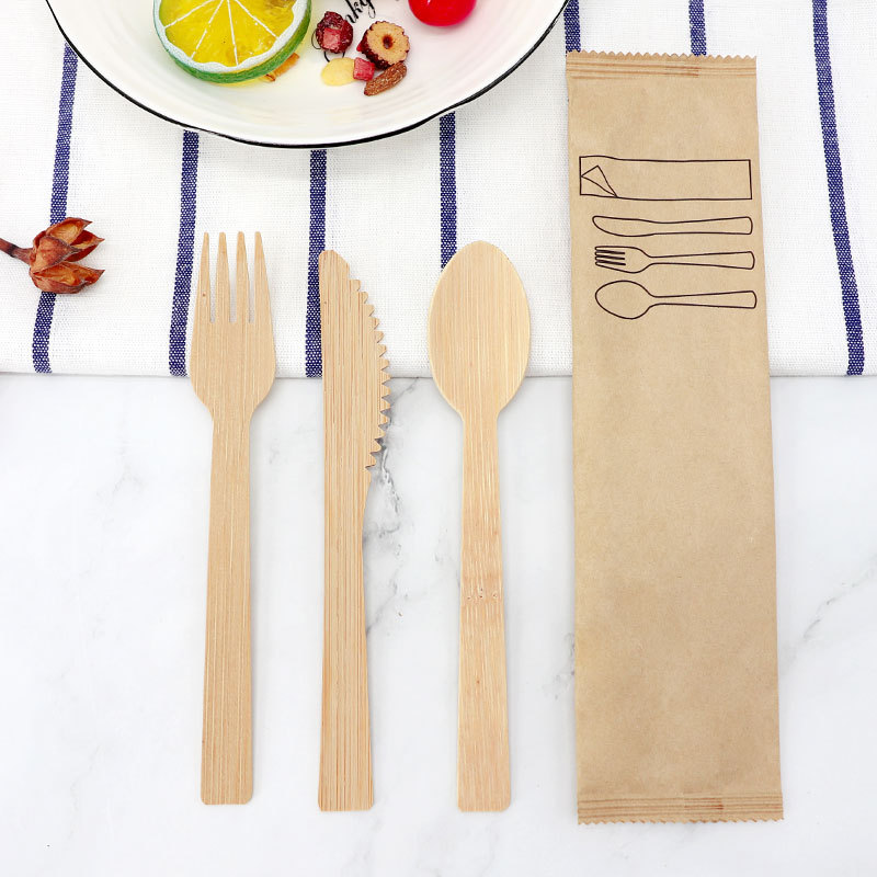 Bamboo Products Knife, Fork and Spoon Three-Piece Set Disposable 17cm Cake Steak Western Bamboo Knife and Fork Factory Wholesale