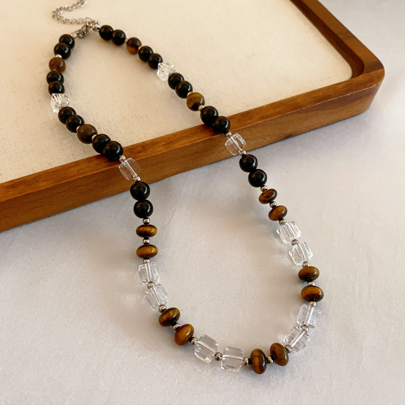 Maillard Brown Tigereye Crystal String Beads Necklace Niche Retro Clavicle Chain Personality Fashion Design Sense Necklace