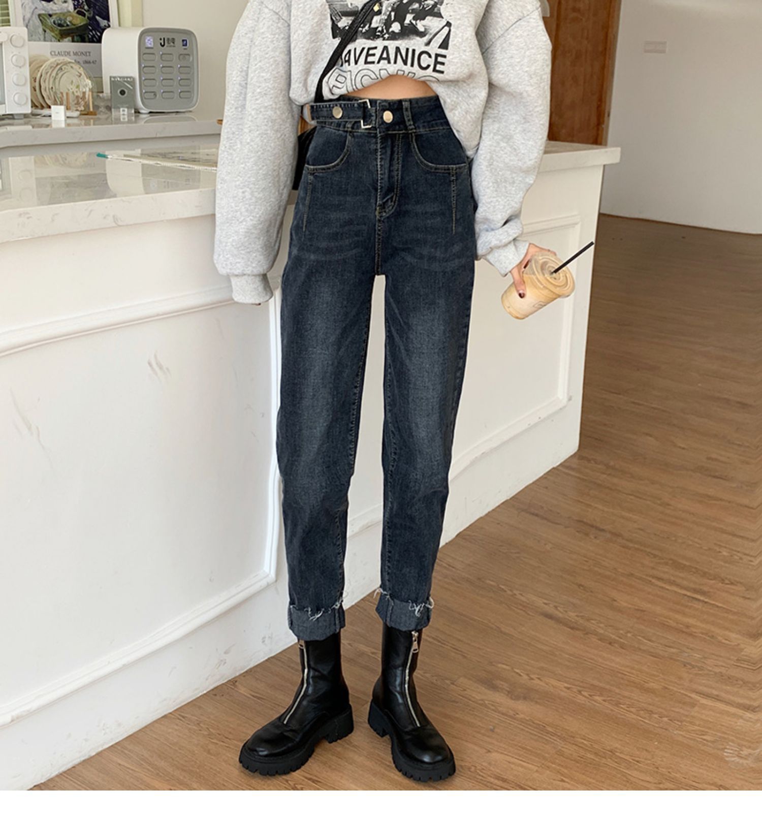 大码女装牛仔裤秋冬外穿高腰超显瘦老爹裤胖妹妹mm胯大腿粗烟管裤