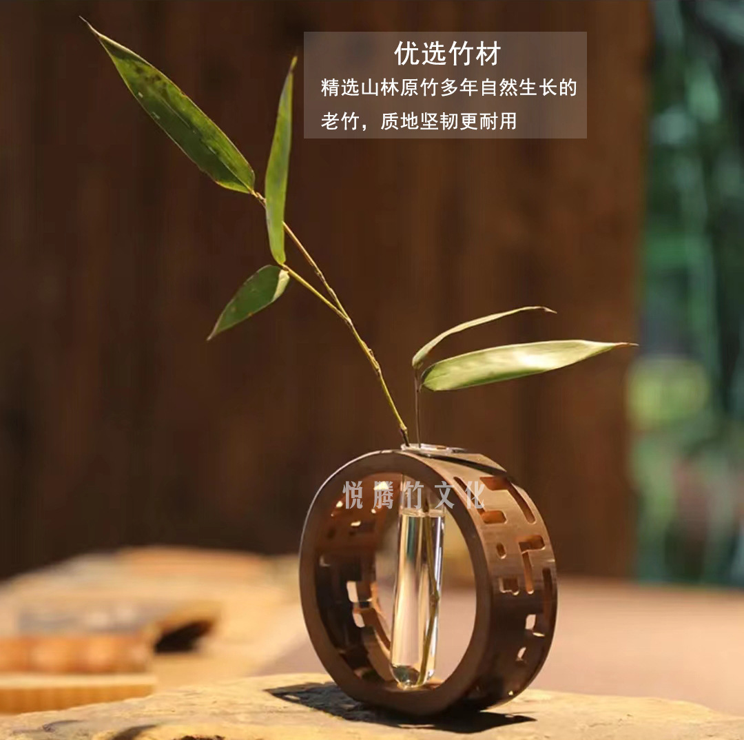 中式原竹茶道竹艺雕刻竹筒创意水培花器客厅书房卧室桌面装饰摆件