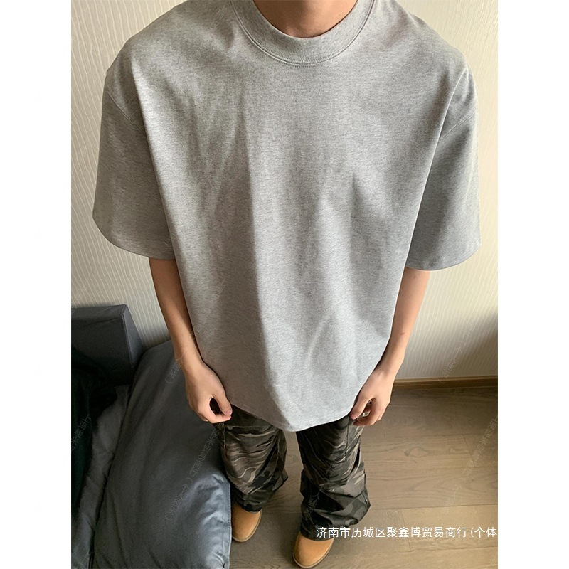 男士短袖重磅花灰色正肩t恤男小领口三本针短袖美式cleanfit半袖