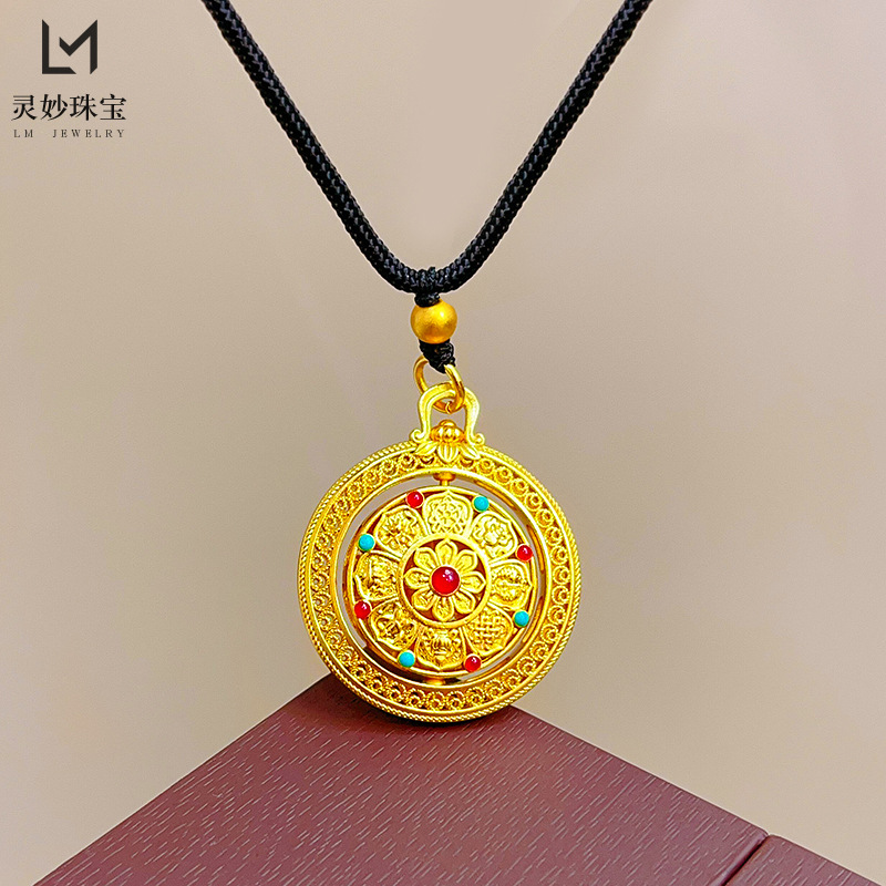 沙金999时来运转八宝罗盘吊坠项链黑绳可旋转女毛衣链新中式礼物