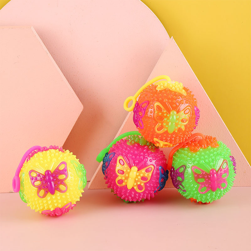 New Creative Glow Elastic Butterfly Ball 7.5cm Sound Flash Ball Squeeze and Sound Stall Night Market Hot Sale Toys