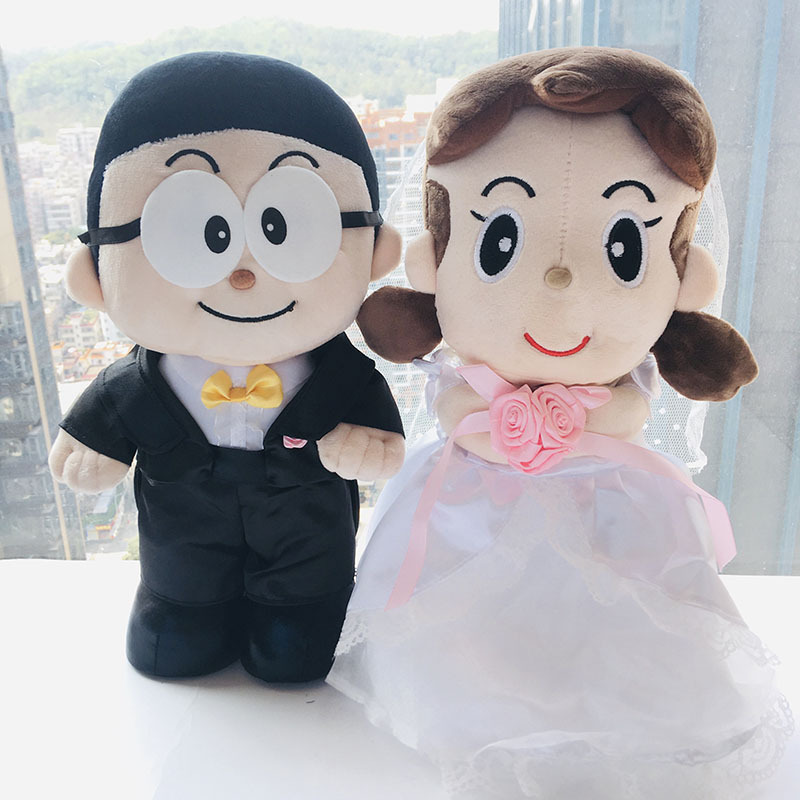 静香大雄情侣婚纱卡通动漫可爱新款结婚娃娃毛绒公仔压床玩偶一对