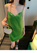 【预售】美 盖茨比复古浓郁绿色丝绒捏褶吊带A字短款连衣裙