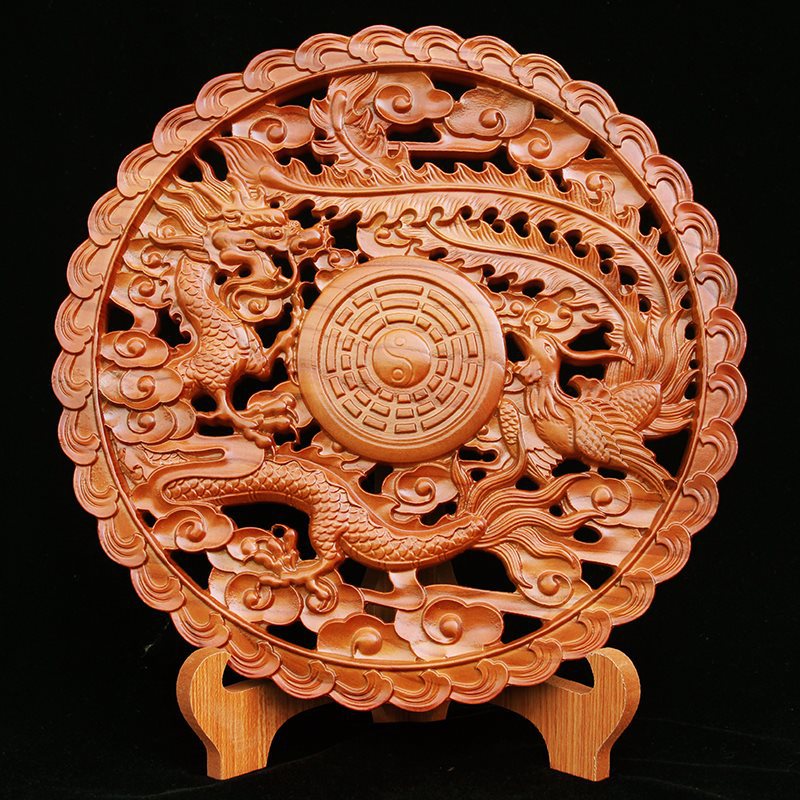 桃木龙凤呈祥八卦镜挂件雕刻龙凤福摆件风夫妻和睦新婚礼品-阿里巴巴