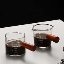 玻璃小奶盅带刻度咖啡杯木把咖啡量杯迷你浓缩咖啡杯耐热双嘴奶盅