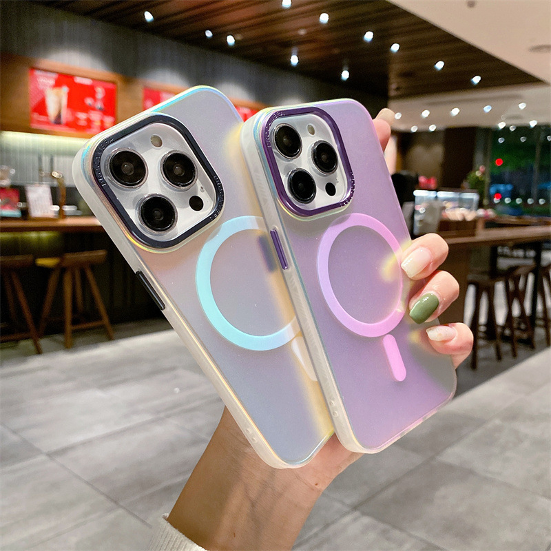 适用iphone14渐变镭射变色龙磁吸充电手机壳苹果13金属镜头磨砂套