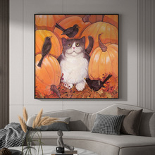 现代轻奢客厅玄关装饰画橙色南瓜小猫动物插画背景墙壁方型挂画