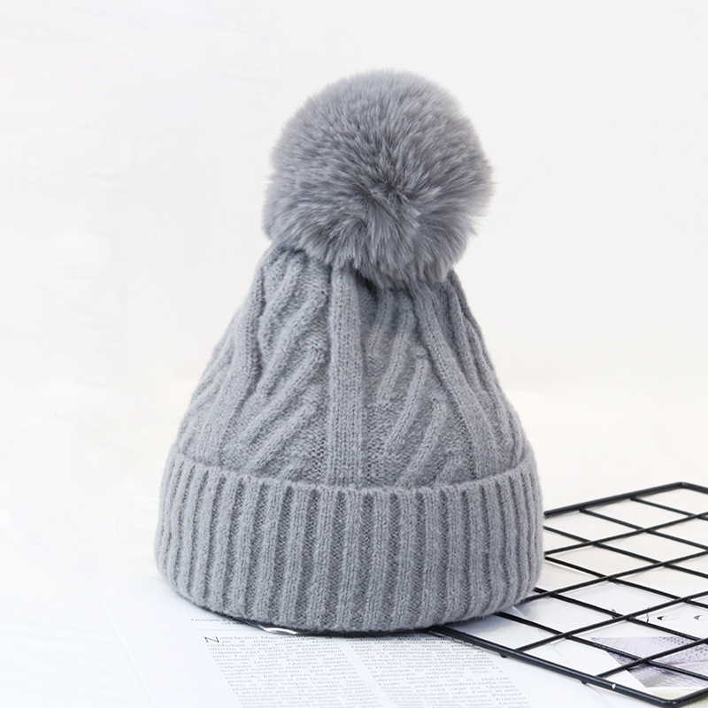 Hat Female Winter Knitting Sleeve Cap Warm Ear Protection Thick Thread Twist Woolen Cap Thick Big Fur Ball Knitted Hat Female