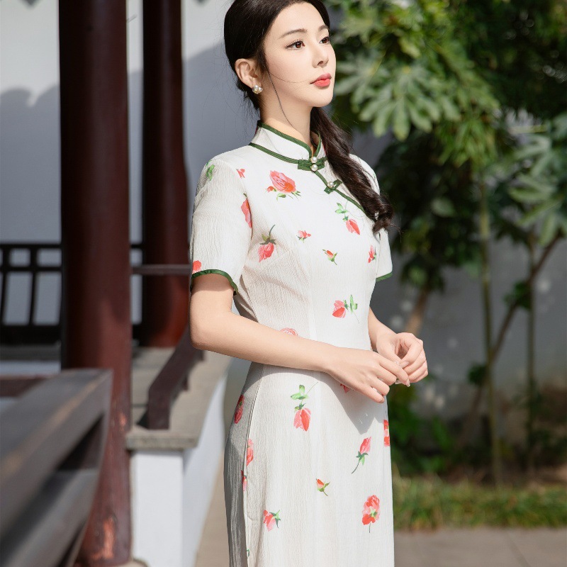 实拍现货夏季新款短袖红玫瑰少女旗袍改良日常长款文艺连衣裙