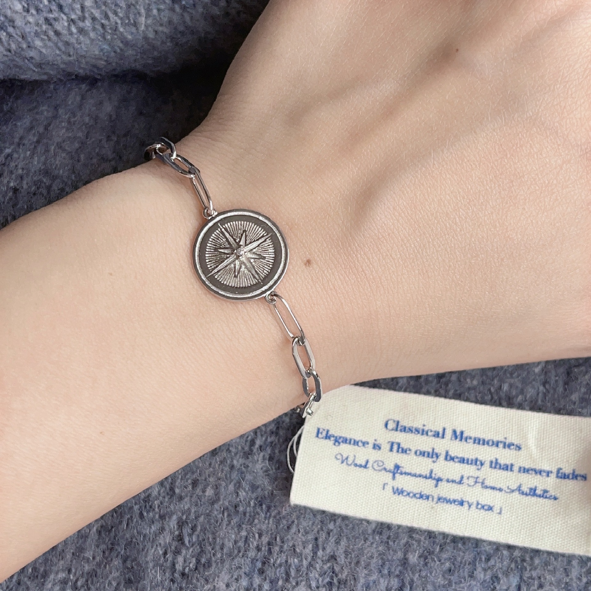 925纯银六芒星圆牌手链女小众设计ins冷淡风高级感时尚个性银饰品