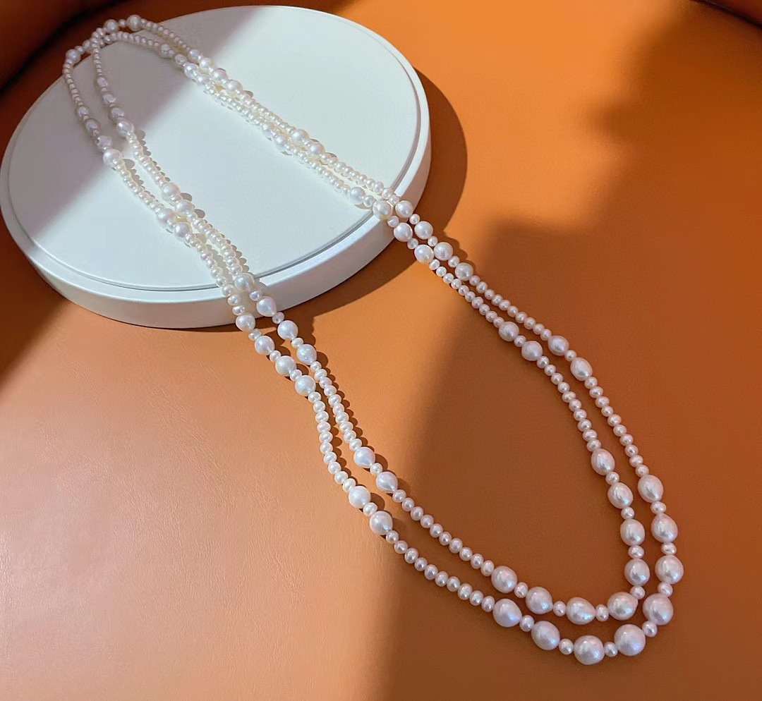 5mm近圆淡水珍珠 8mm珍珠毛衣链 160cm可单圈或两圈佩戴或多圈